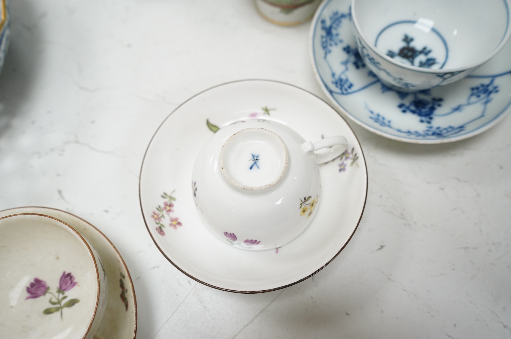 A group of 18th/19th century Continental porcelain, including six 18th century Vienna porcelain plates, a Meissen onion pattern dish, a pair of mid-18th century Meissen teacups and saucers, two tea bowls and saucers and